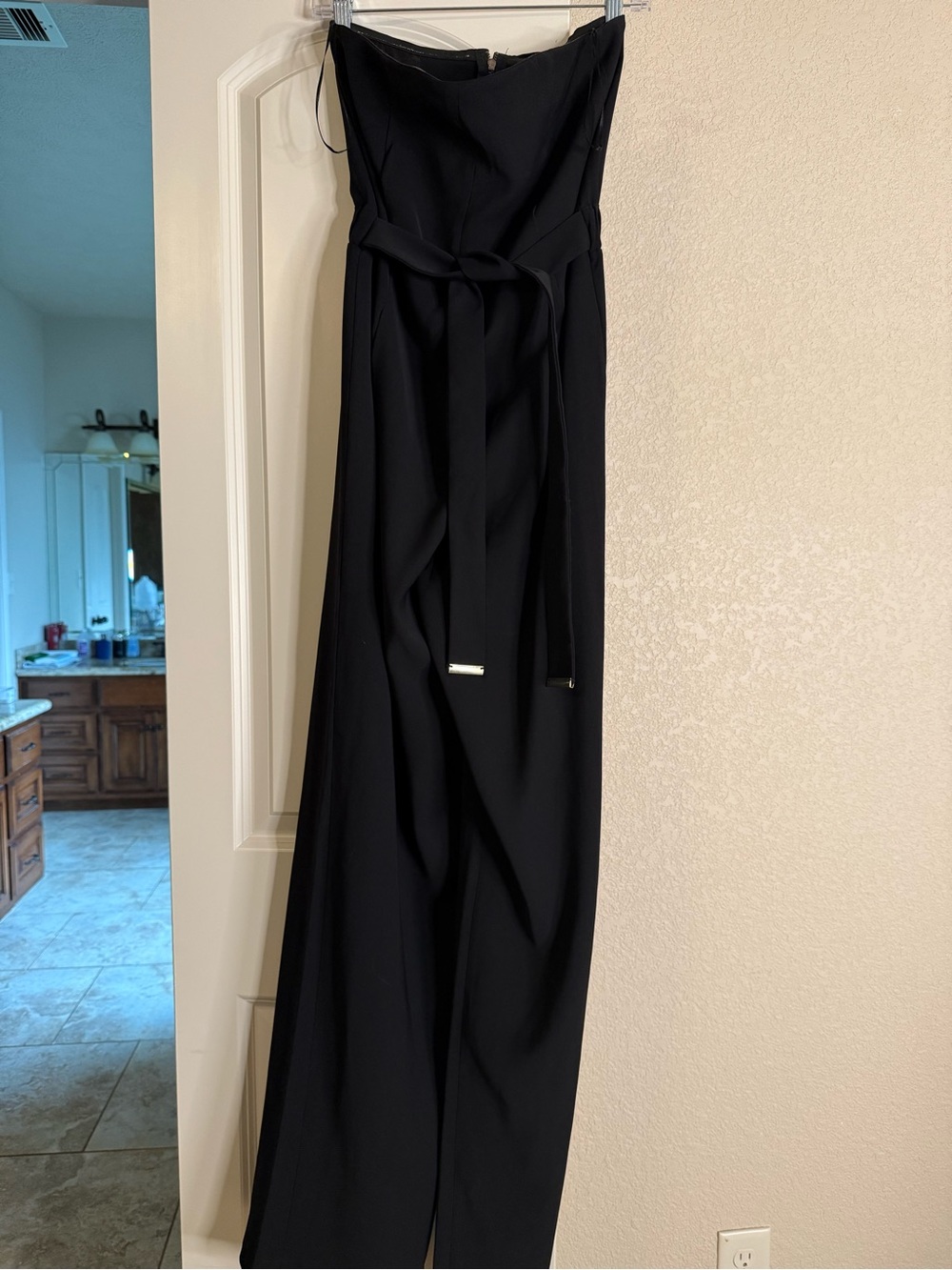 Strapless Black Wide-Leg Jumpsuit with Tie Waist